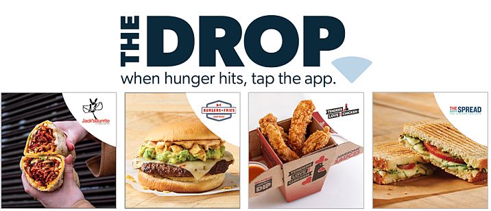 The Drop logo with food and text
